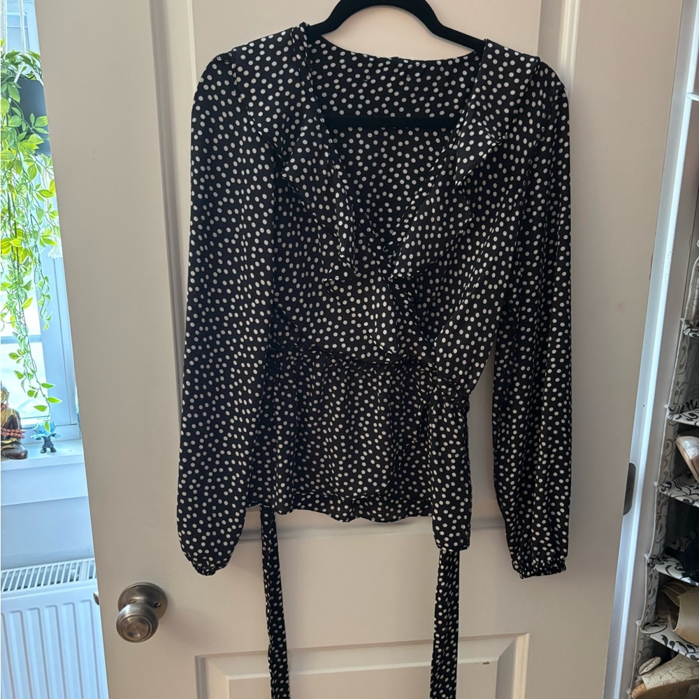 Black & White Polka Dot Wrap Long Sleeve Top